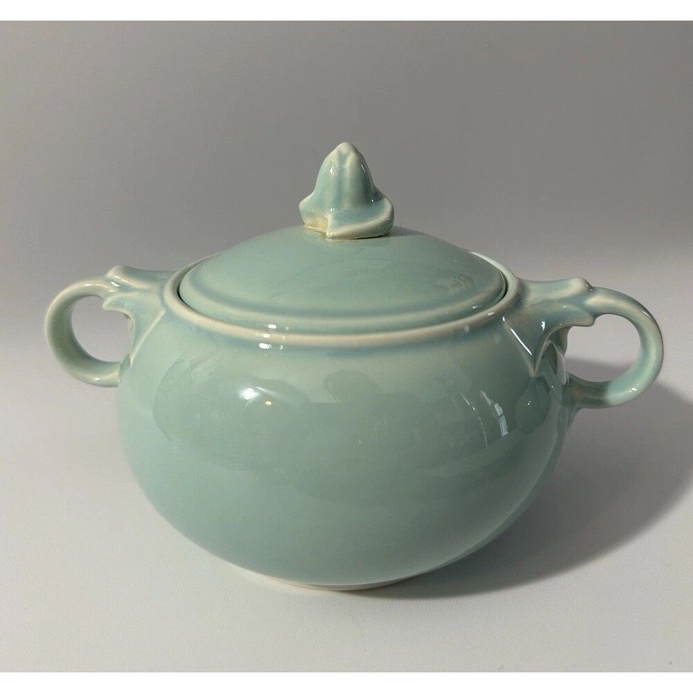 Vintage 1949 Lu-Ray Pastels T.S.&T. USA Surf Green Sugar Bowl with Lid & Handles